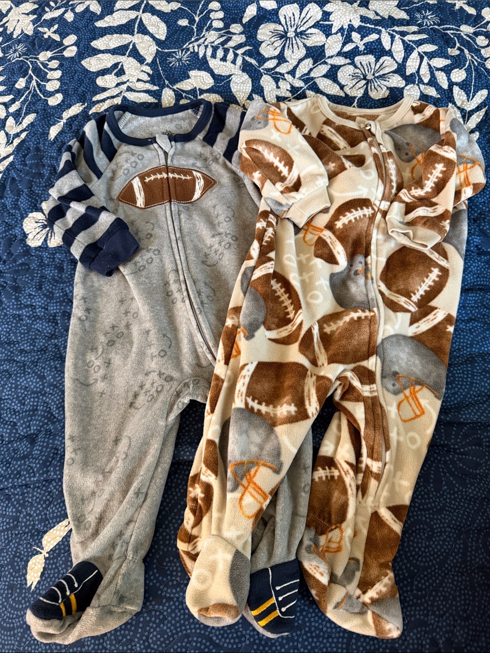 Kids Headquarters size 9M two Football Fleece One-Piece Sleepers - Gray & Brown